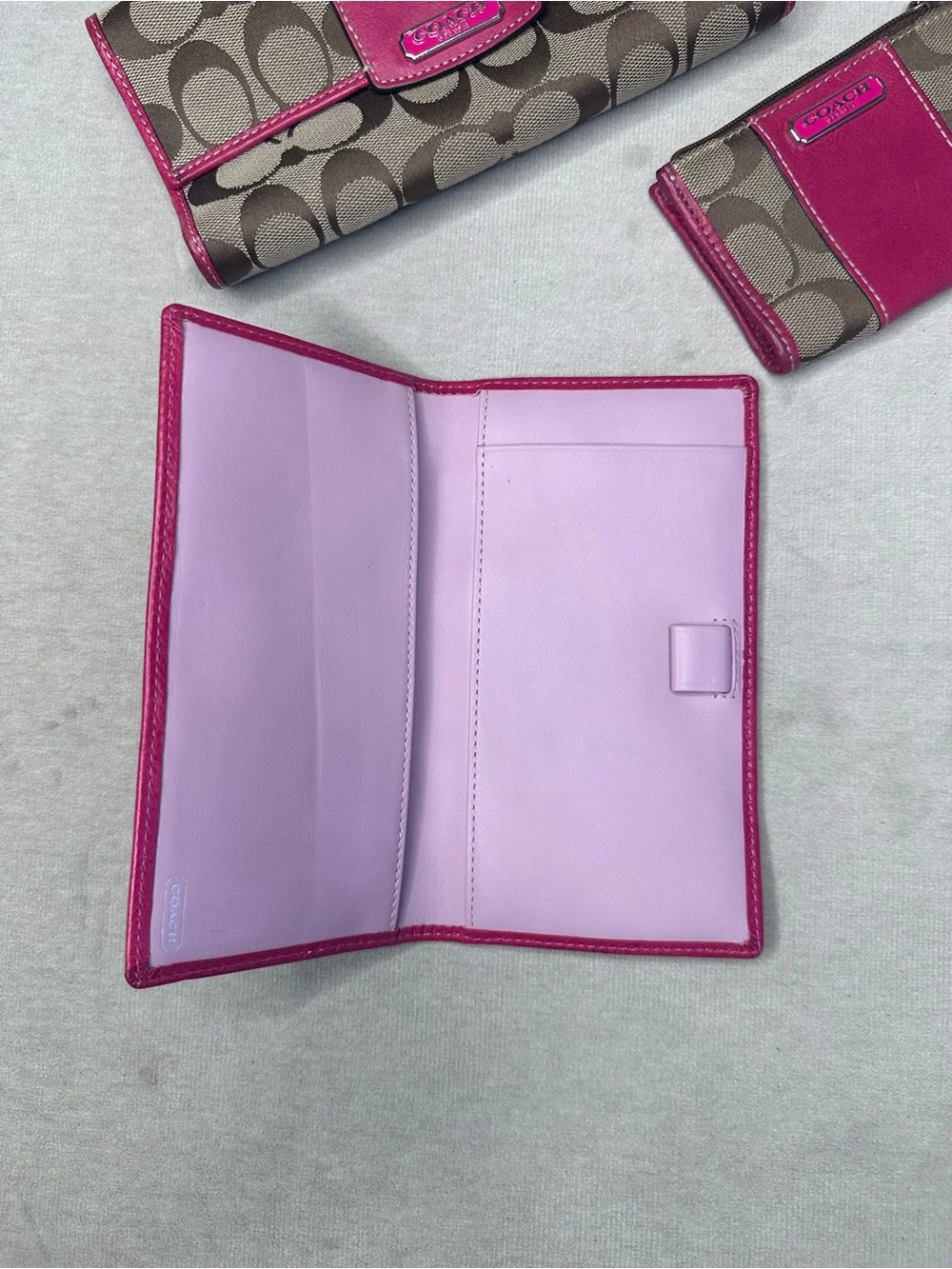 Coach Brown Signature Canvas Wallet & Card Set with Pink Trim